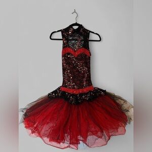 Black Red Sequined Ballet Costume with high neck tulle skirt open back Adult S